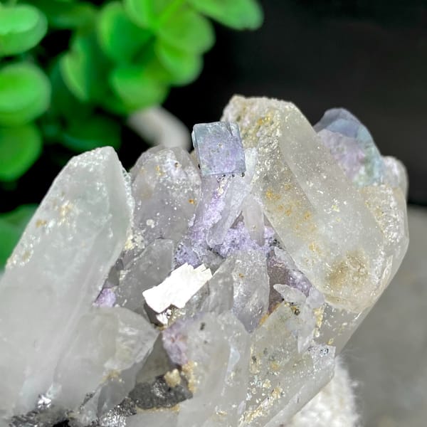 Pale lilac fluorite cubes with quartz and arsenopyrite from Yaogangxian, Hunan, China, reverse side