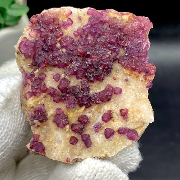 Purple-red fluorite octahedra on pale matrix from Henan, China, detail of the matrix contact