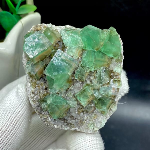 Transparent green fluorite cubes on sparkling quartz from Hebei, China, second angle