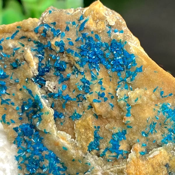 Tall plate of blue-green veszelyite crystals from Yunnan, China, close-up of terminations