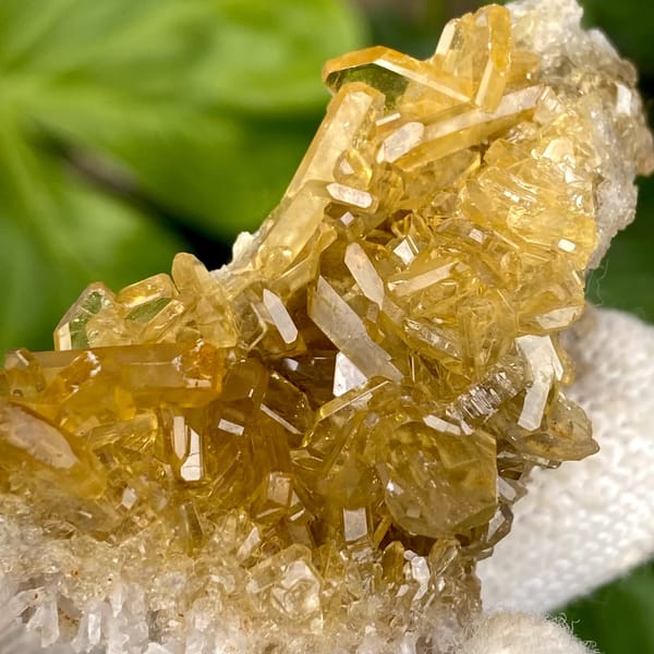 Golden transparent baryte blades on white base from Yunnan, China, side view