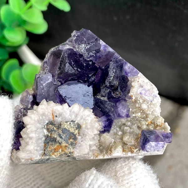 Deep purple fluorite cubes above white bladed calcite from Fujian, China, second angle