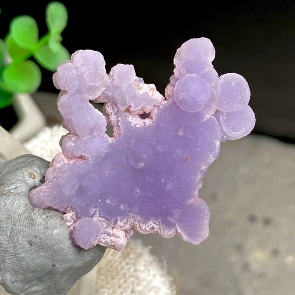 Lavender grape agate spray with pearly lustre from Indonesia, close-up of the crystal faces