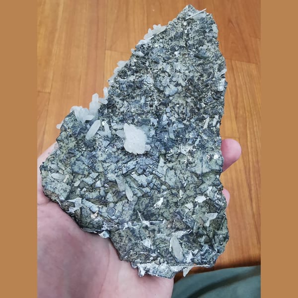 Green-black andradite crystal with quartz and calcite, natural mineral specimen, photo 1 of 6