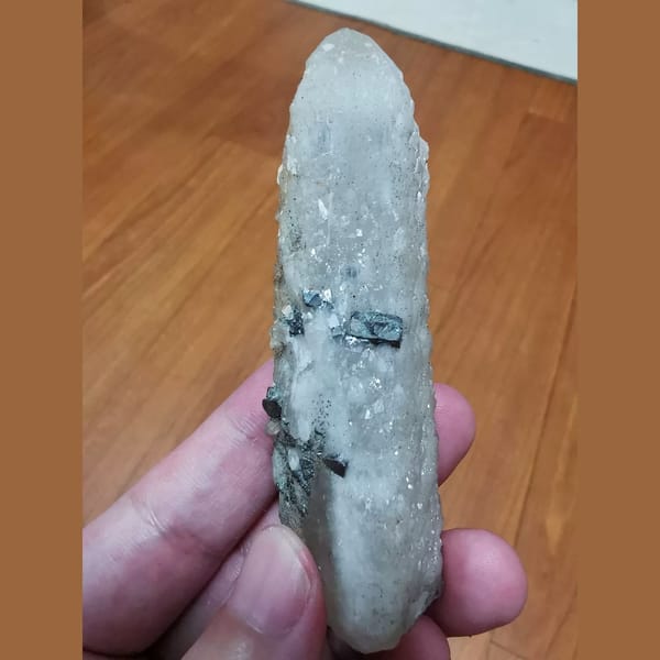 White quartz candle crystal with arsenopyrite, natural mineral specimen, photo 1 of 4