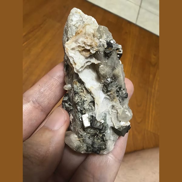Quartz candle crystal cluster with arsenopyrite and calcite, natural mineral specimen, photo 1 of 3