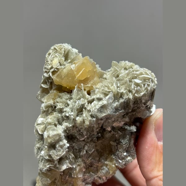 Golden-orange scheelite crystal on silvery mica from Xuebaoding, Sichuan — complete view