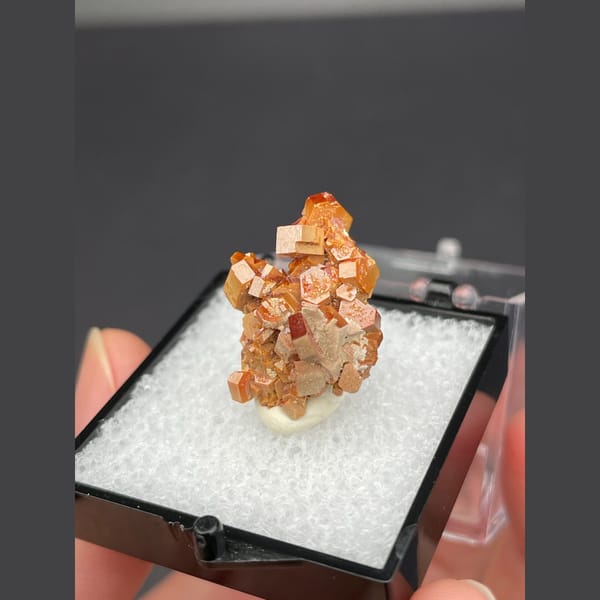 Small cluster of glossy red-orange vanadinite crystals from Morocco — alternate view