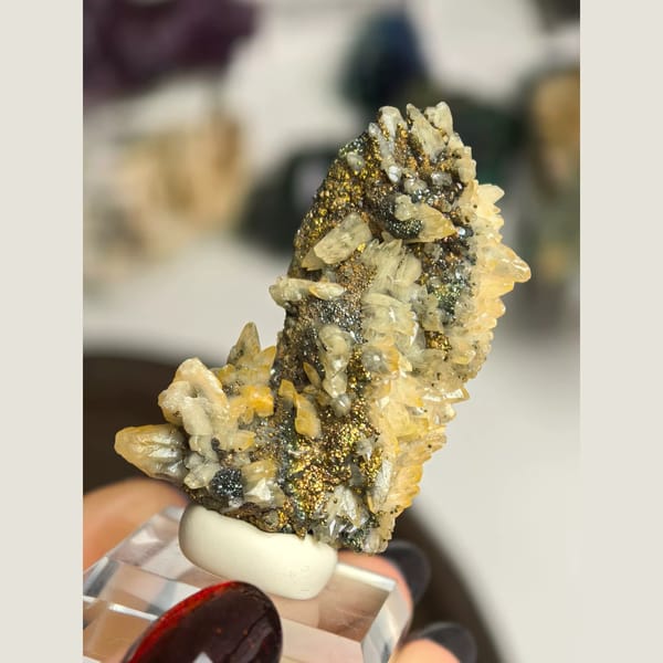 Feather Calcite with Iridescent Pyrite — Daye - complete view