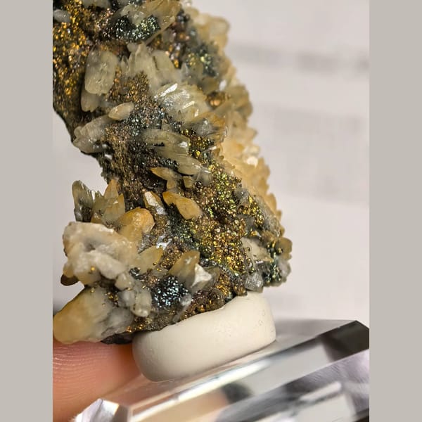 Feather Calcite with Iridescent Pyrite — Daye - detail view