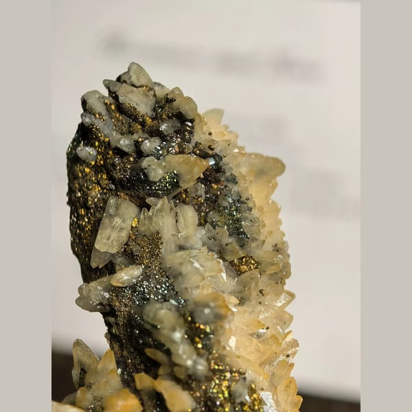 Feather Calcite with Iridescent Pyrite — Daye - detail view