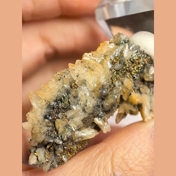 Feather Calcite with Iridescent Pyrite — Daye - detail view