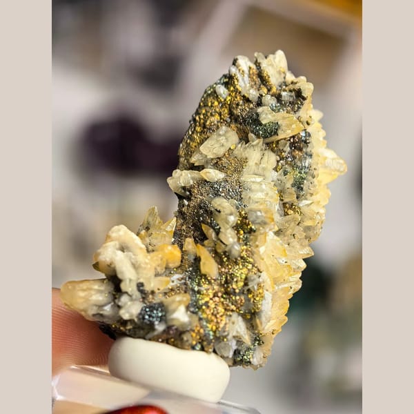 Feather Calcite with Iridescent Pyrite — Daye - detail view