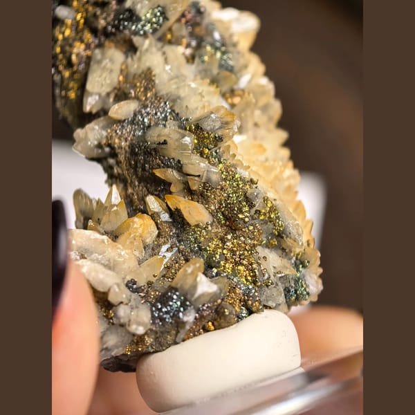Feather Calcite with Iridescent Pyrite — Daye - detail view