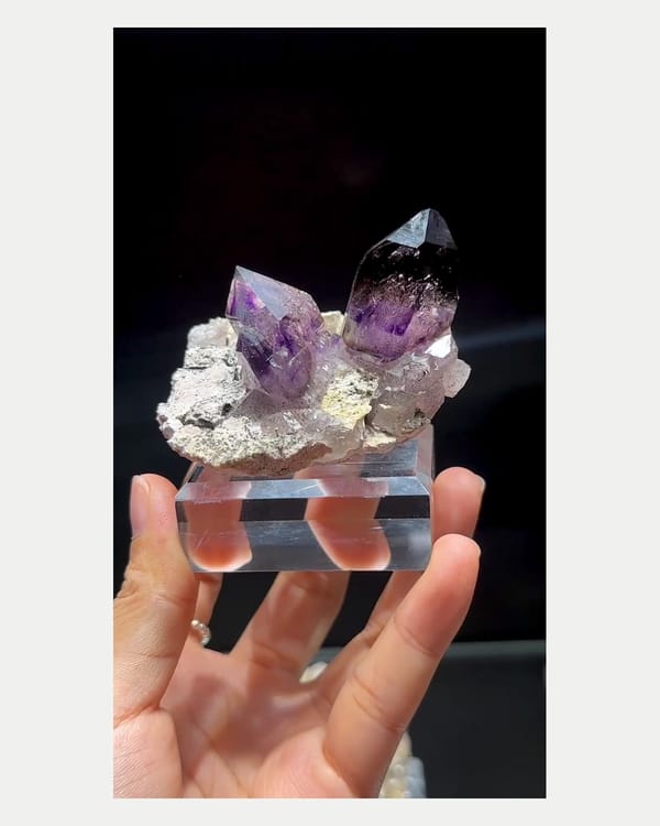 Complete front view of Namibian purple phantom quartz cluster