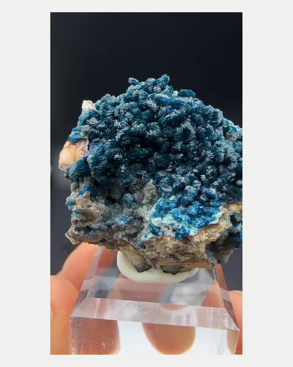Complete left oblique view of deep blue zincolibethenite cluster