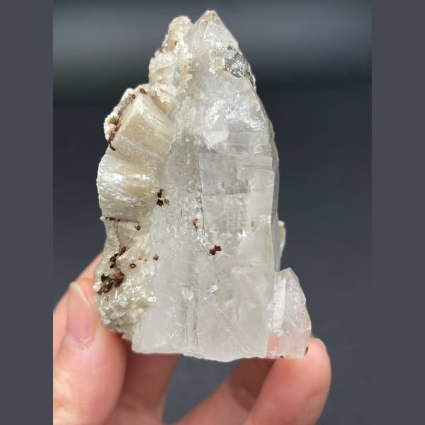 Clear quartz with tan apophyllite and calcite from Hubei — complete view
