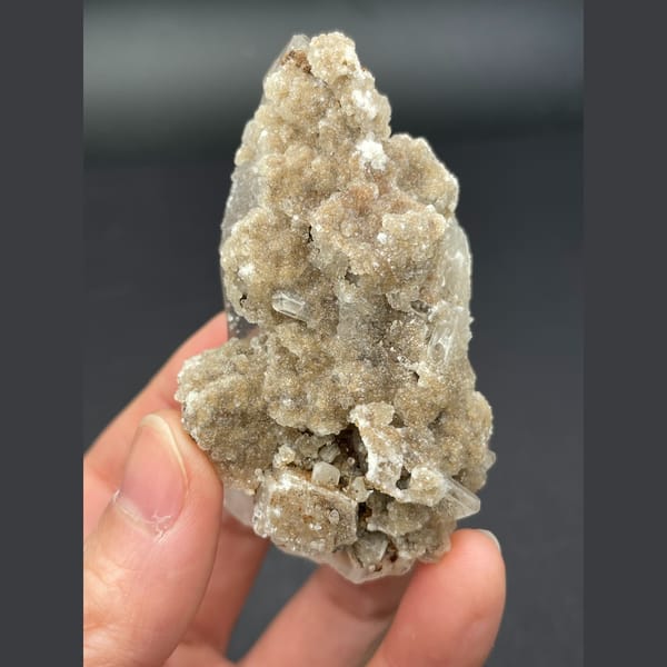 Clear quartz with tan apophyllite and calcite from Hubei — alternate view