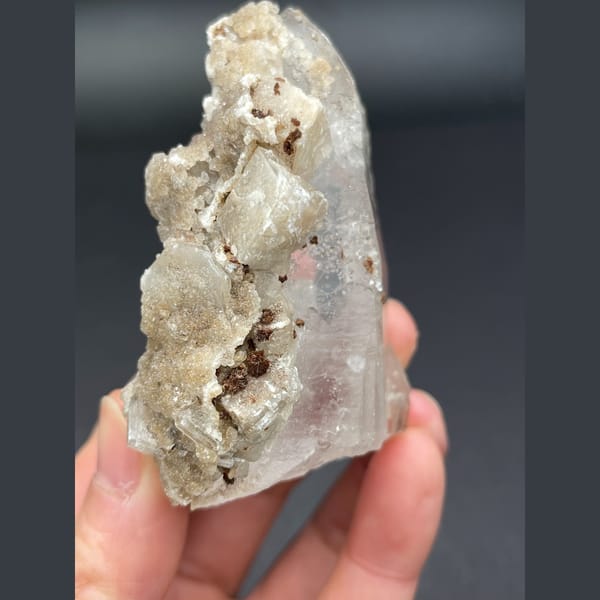 Clear quartz with tan apophyllite and calcite from Hubei — alternate view