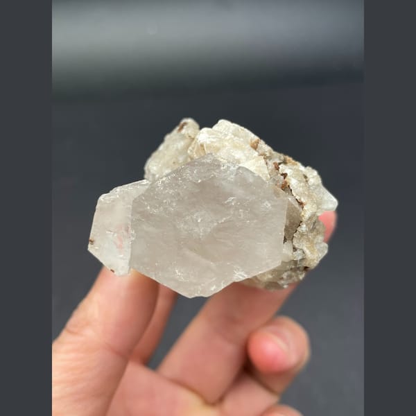 Clear quartz with tan apophyllite and calcite from Hubei — detail view