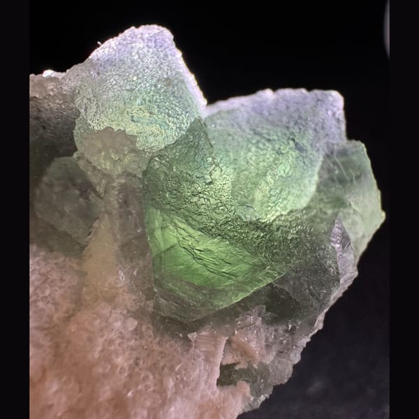 Green and Blue Fluorite on Quartz Fujian 13.0 cm — detail view