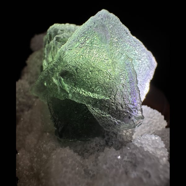 Green and Blue Fluorite on Quartz Fujian 13.0 cm — detail view