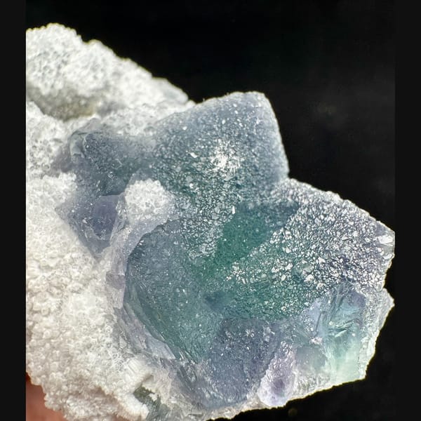 Green and Blue Fluorite on Quartz Fujian 13.0 cm — detail view