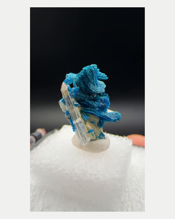 Complete left oblique view of blue zincolibethenite with quartz