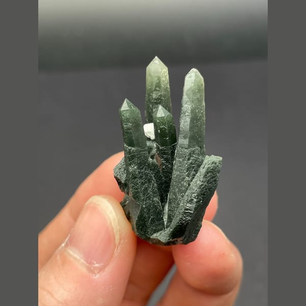 Dark green chlorite-included quartz points from Inner Mongolia — complete view