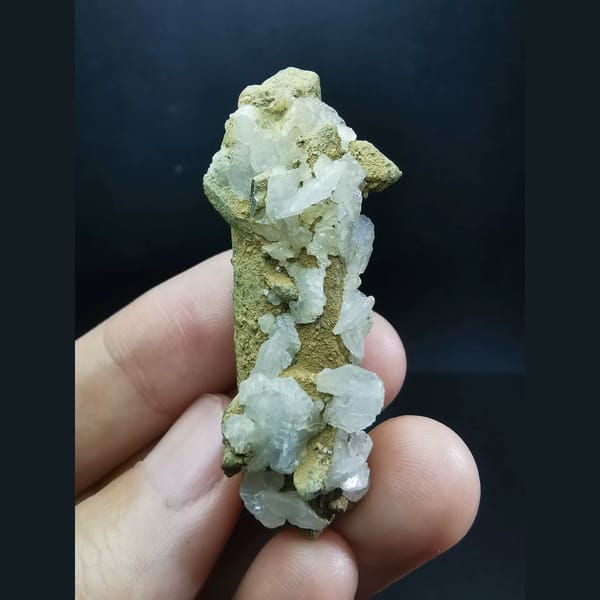 Floater yellow-skin quartz with white calcite flowers — complete view