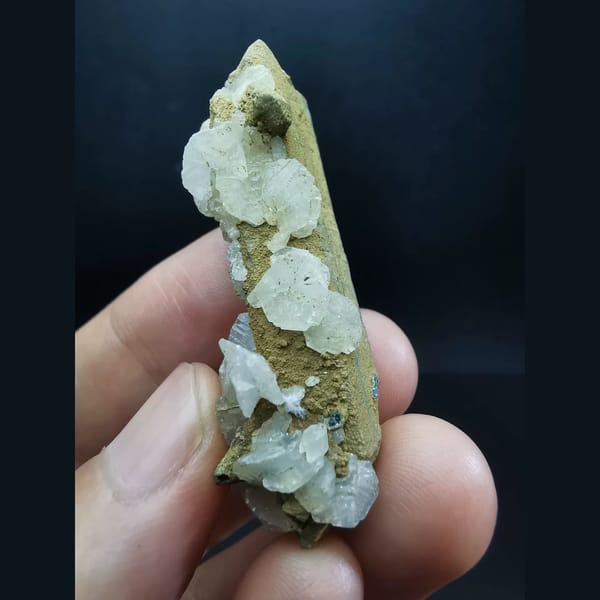 Floater yellow-skin quartz with white calcite flowers — alternate view