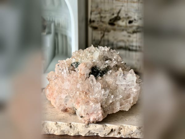 Colombia Pink Lemurian Quartz Cluster with Green Mica, 679 g Mineral Specimen — complete view