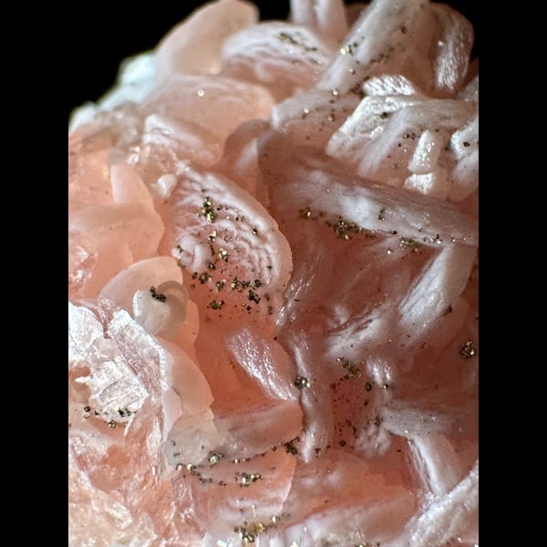 Pink Rhodochrosite with Quartz and Pyrite 4.3 cm — detail view
