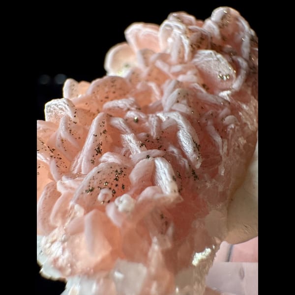 Pink Rhodochrosite with Quartz and Pyrite 4.3 cm — detail view