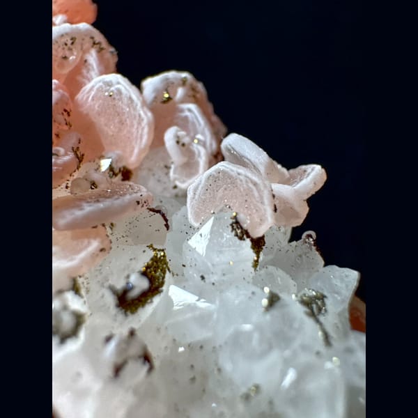 Rhodochrosite on Quartz with Pyrite Wuzhou 6.0 cm — detail view