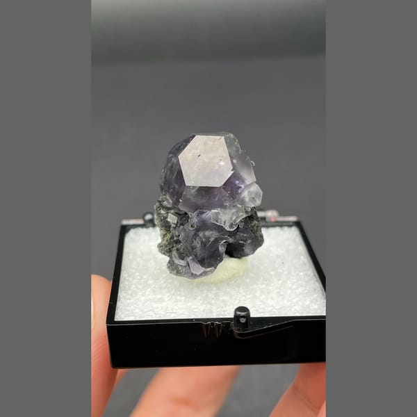 Violet blue fluorite crystal on dark matrix from Fujian — complete view