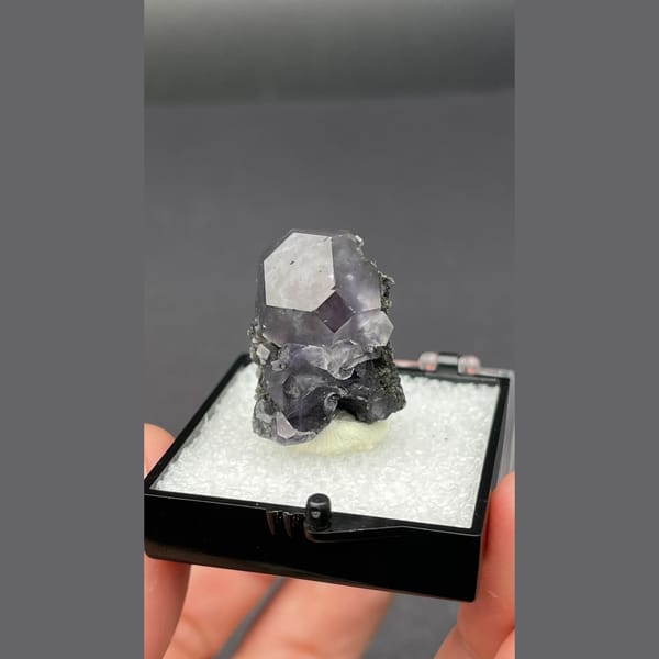 Violet blue fluorite crystal on dark matrix from Fujian — alternate view