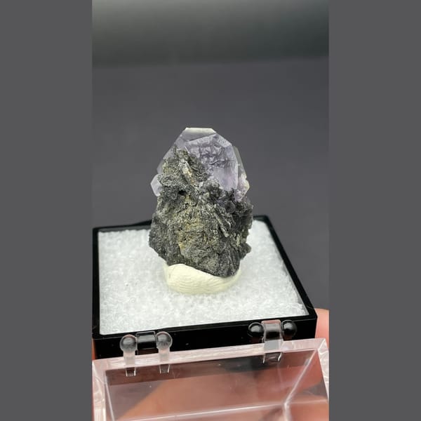Violet blue fluorite crystal on dark matrix from Fujian — detail view