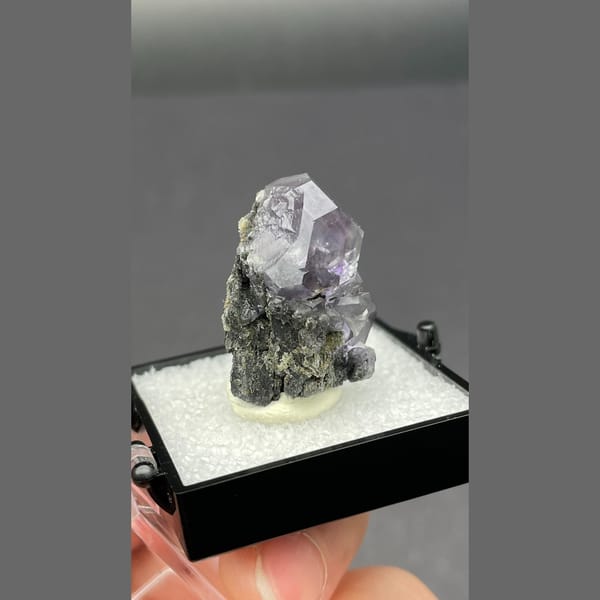 Violet blue fluorite crystal on dark matrix from Fujian — detail view
