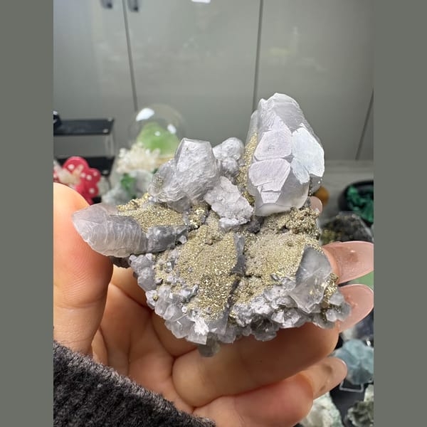 White calcite sprinkled with golden marcasite and pyrite from Fujian — complete view
