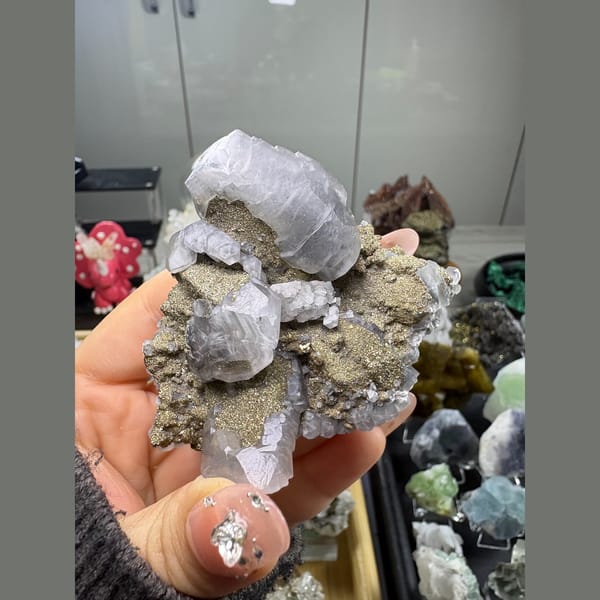 White calcite sprinkled with golden marcasite and pyrite from Fujian — alternate view