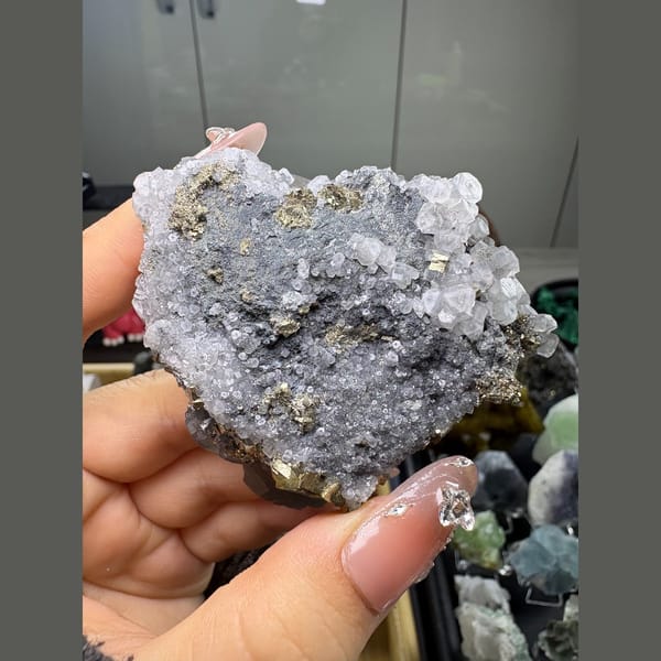 White calcite sprinkled with golden marcasite and pyrite from Fujian — alternate view