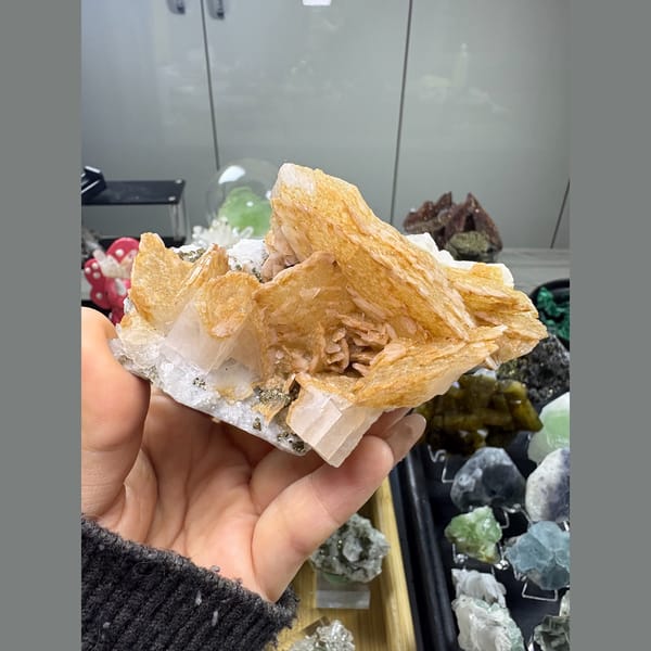 Orange-yellow biscuit calcite with pyrite from Fujian — complete view