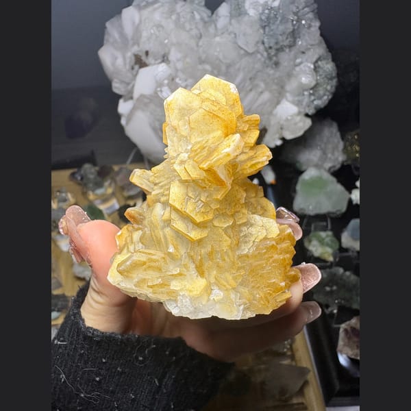 Butter-yellow biscuit calcite cluster from Fujian — complete view
