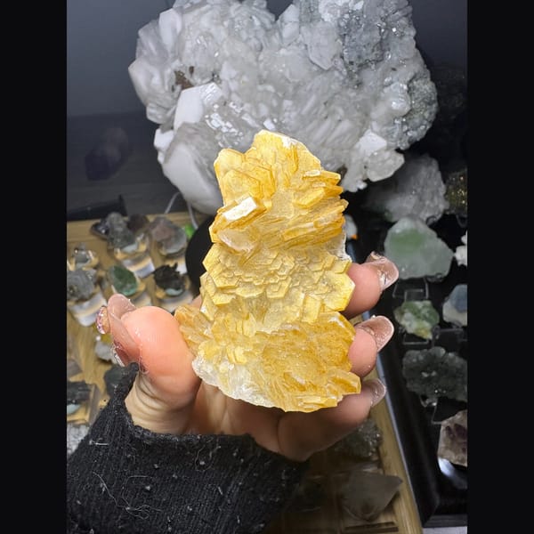 Butter-yellow biscuit calcite cluster from Fujian — alternate view