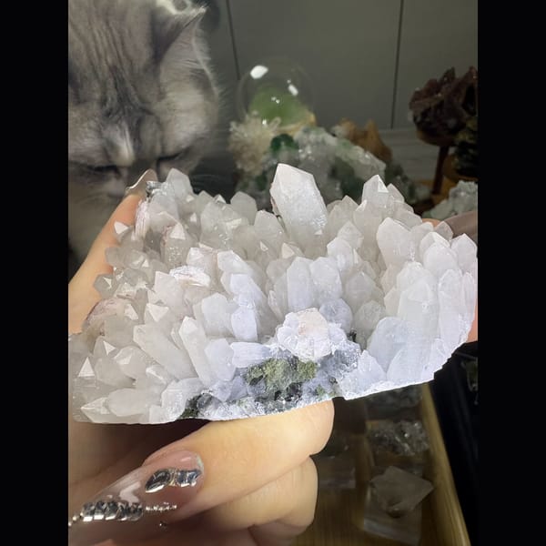 Chlorite quartz cluster with small red calcite rosettes — alternate view