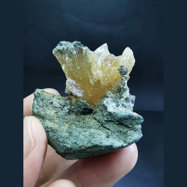 Amber calcite crystal fan on green matrix — complete front view including the matrix ledge
