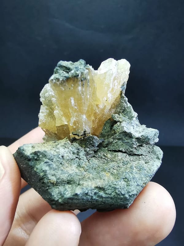 Amber calcite fan on green matrix — complete opposite face and matrix view