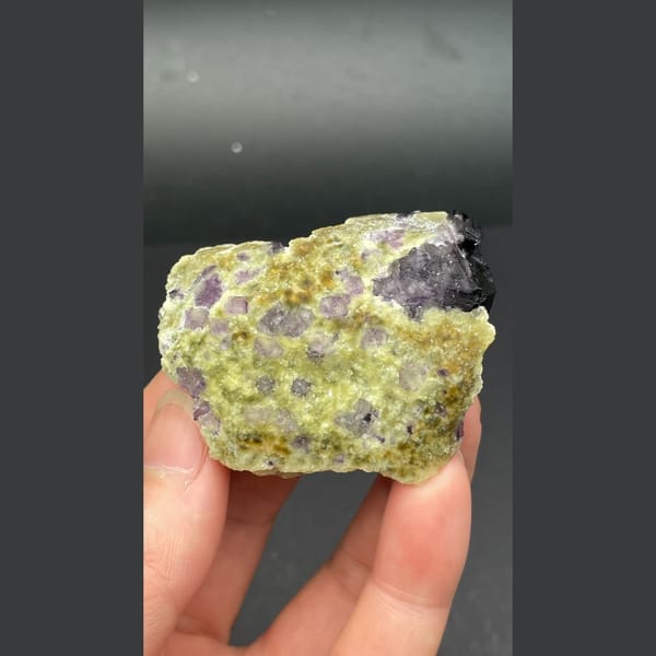Dark apatite with purple fluorite on yellow-green mica from Inner Mongolia — detail view