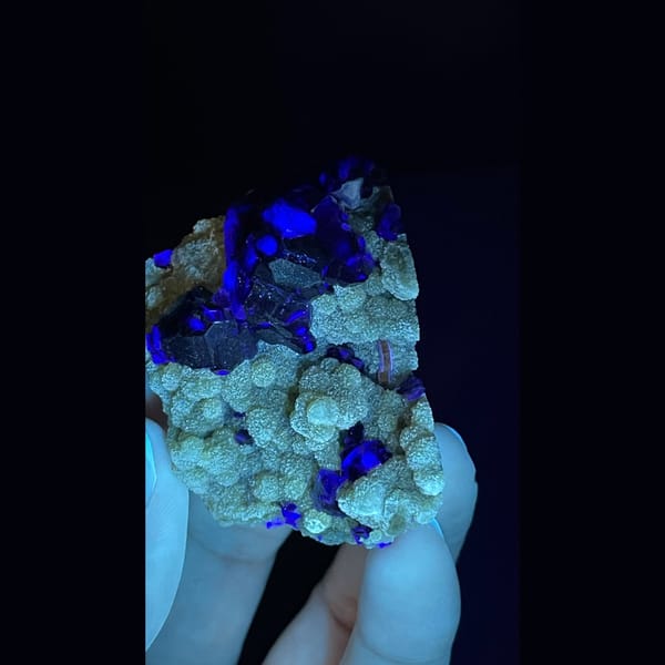 Dark apatite with purple fluorite on yellow-green mica from Inner Mongolia — detail view
